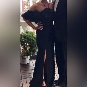 Off-Shoulder Black Ruffled Evening Gown